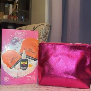Sephora Pink Metallic Cosmetic Pouch with Vitamin C Glow Mask Set